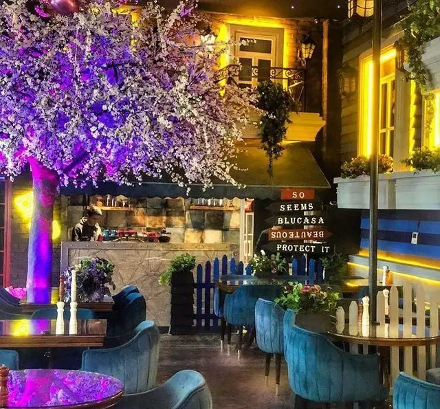 فضای داخلی لوکس کافه رستوران ایتالیایی بلوکازا با دکوراسیون زیبا شامل درخت شکوفه بنفش و مبلمان آبی آرامش بخش.