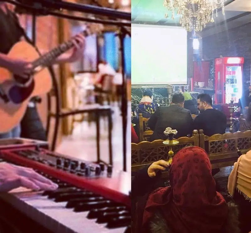 موسیقی زنده گیتار و کیبورد در سفره خانه سنتی تگرگ، همراه با فضای دلنشین و قلیان برای مشتریان. تجربه‌ای خاص در رستوران سنتی