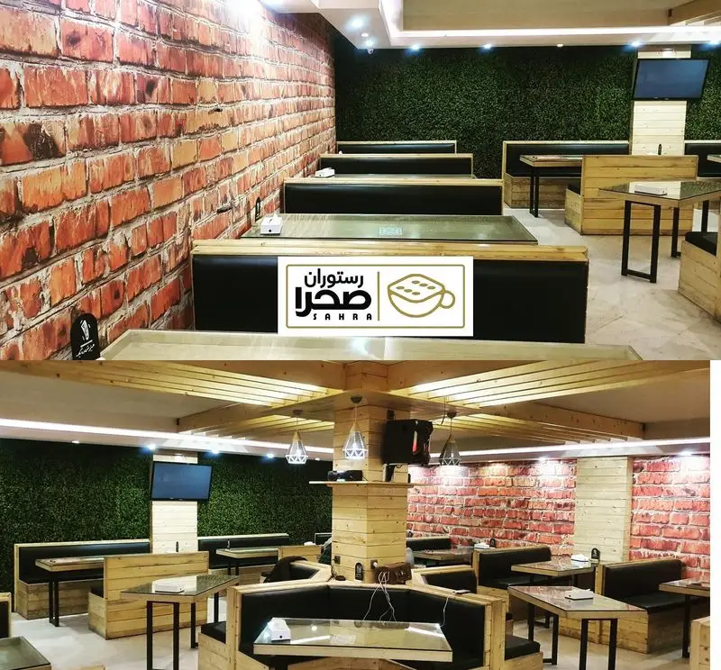 نمایی از طراحی داخلی مدرن کافه بازی صحرا با دیوارهای آجری، سبز و مبلمان چوبی شیک. فضایی دلنشین برای بازی و دورهمی‌های دوستانه.