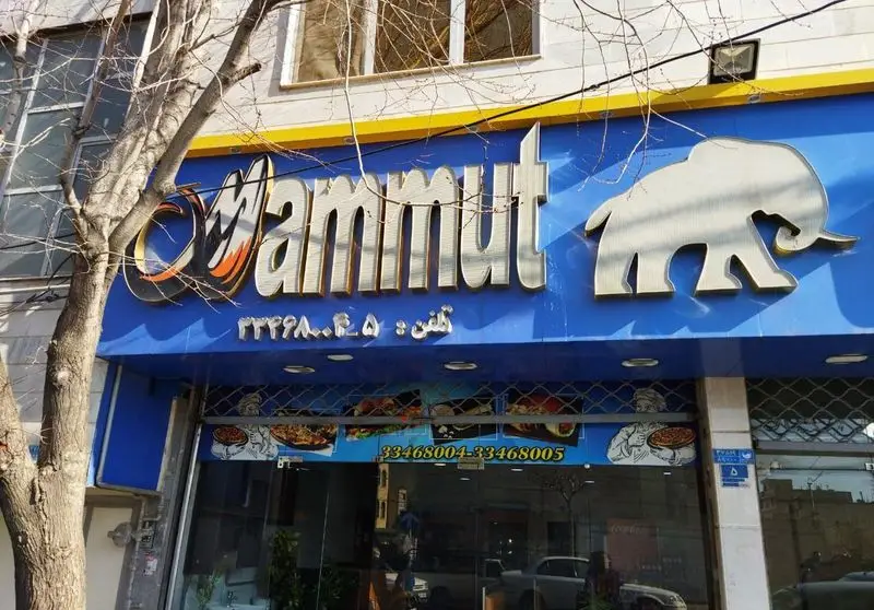 نمای بیرونی فست فود ماموت با تابلوی بزرگ و لوگوی فیل، شماره تلفن ۳۲۲۹۸۰۰۴۵ و تصاویر غذاها از جمله پیتزا در شهر.