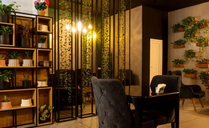 کافه هاب: دکوراسیون داخلی سبز و مدرن با قفسه‌های چوبی پر از گیاهان متنوع، دیوارهایی با گلدان‌های آویز و فضای دنج برای تجربه دلنشین مشتریان.