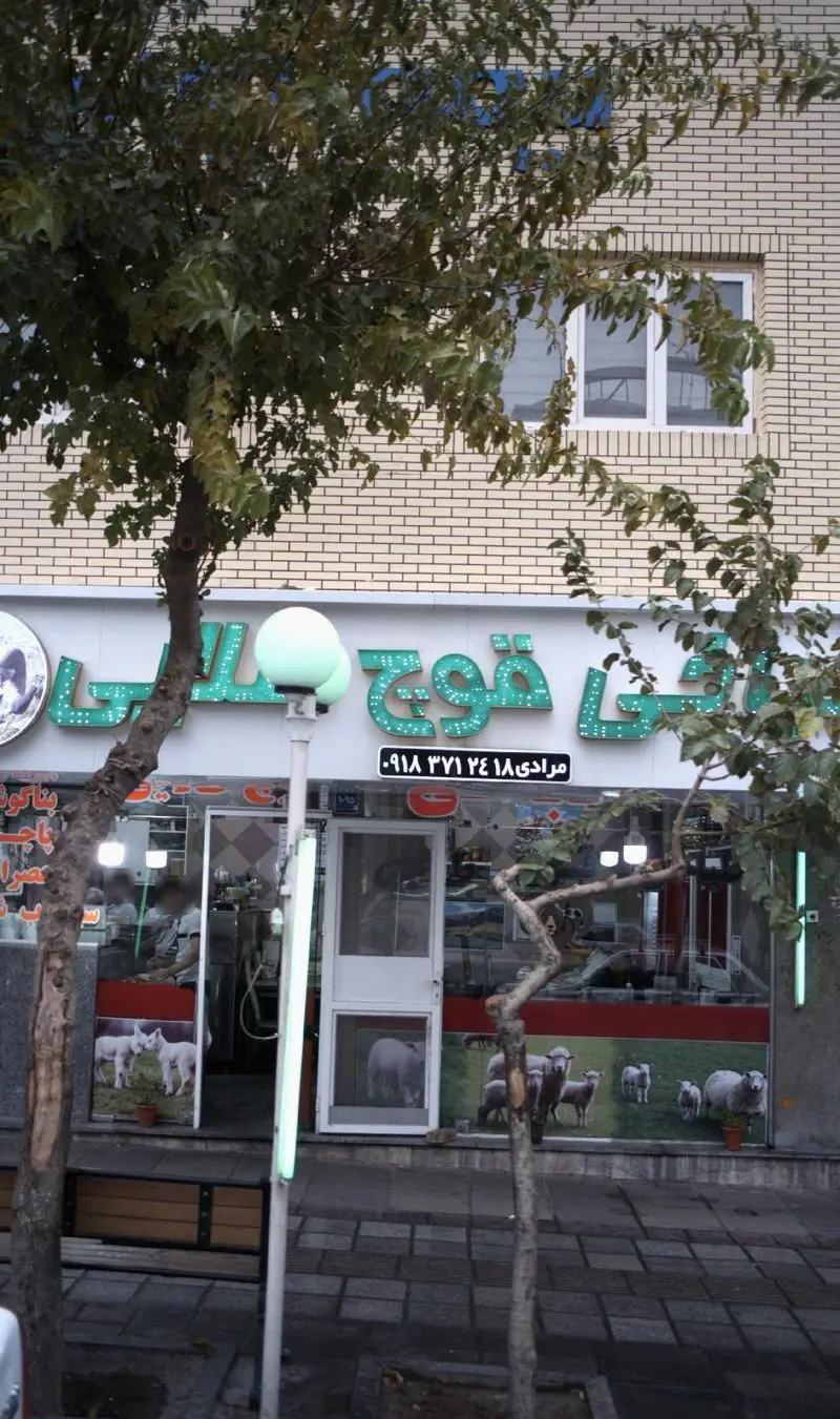 طباخی قوچ طلایی: تابلوی سبز با چراغ نئون، ویترین با عکس گوسفند. برای کله‌پاچه تماس بگیرید: مرادی ۰۹۱۸۳۷۱٢٤۱۸