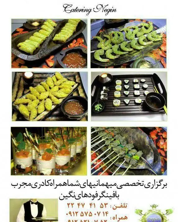 کیترینگ نگین: برگزاری تخصصی میهمانی با کادر مجرب. فینگرفود، سوشی، کباب، دسر و غذاهای مجلسی برای پذیرایی خاص.