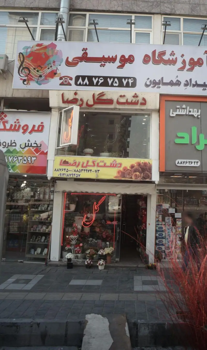 نمای بیرونی گلفروشی دشت گل رضا در روز روشن، با تابلوی زردرنگ و شماره تماس، زیر آموزشگاه موسیقی همايون در شهر