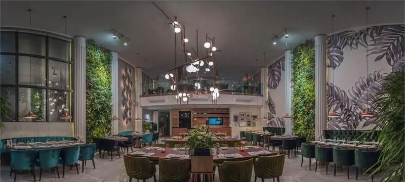 رستوران وایب با دکوراسیون داخلی مدرن و لوکس، دیوارهای سبز، مبلمان راحتی مخملی و نورپردازی شیک، فضایی دلنشین برای صرف غذا