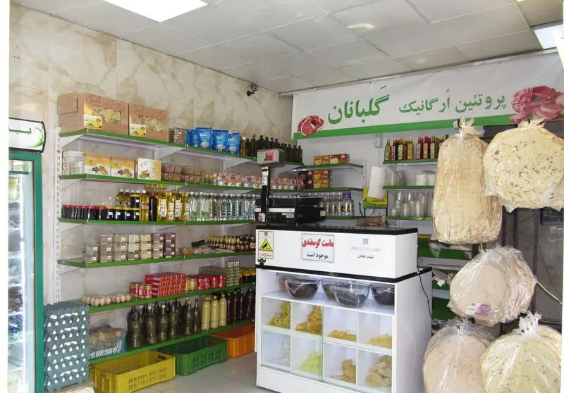 فروشگاه لبنیات سنتی گلبانان با قفسه‌های پر از محصولات ارگانیک، ماست گوسفندی، نان محلی، عرقیات و روغن‌های طبیعی.