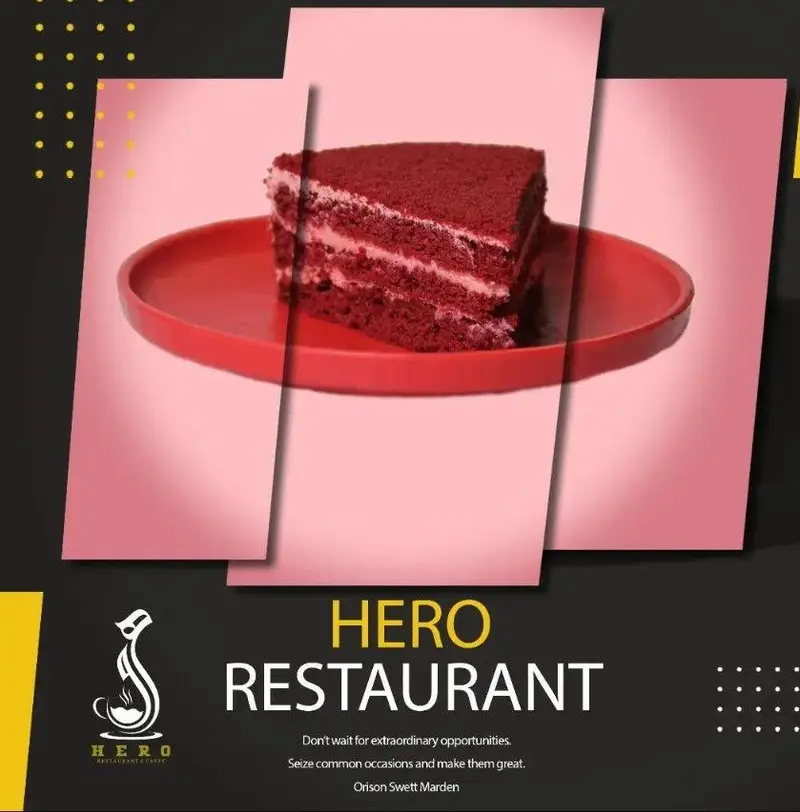 کیک ردولوت تازه و خوش‌رنگ روی بشقاب قرمز در تبلیغ کافه رستوران هرو. منوی دسر متنوع برای لحظات شیرین.