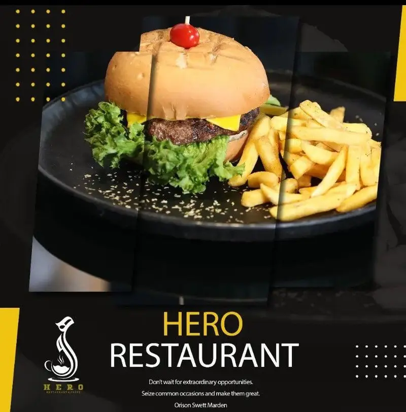 همبرگر لذیذ با پنیر و کاهو در کنار سیب‌زمینی سرخ‌کرده طلایی، منوی اصلی کافه رستوران هرو، آماده سرو برای شما.