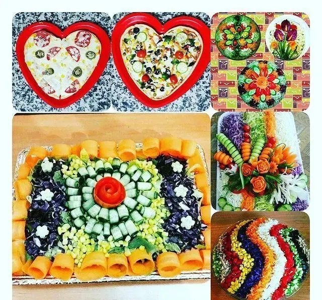 کافه رستوران گلایل: تزیینات هنرمندانه غذا، پیتزا قلبی، سفره آرایی و دیزاین خلاقانه سالاد و برنج با سبزیجات تازه و رنگی.