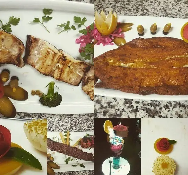 انواع غذاهای خوشمزه کافه رستوران گلایل شامل ماهی کبابی و سوخاری، کباب، دسرها و نوشیدنی‌های متنوع با تزیین زیبا و سرو بی‌نظیر.