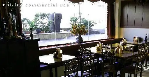 فضای داخلی رستوران فست فود پیتزا پیشخوان با میز و صندلی‌های چوبی شیک، محیطی دنج و دلنشین با منظره‌ای زیبا از فضای سبز بیرون.