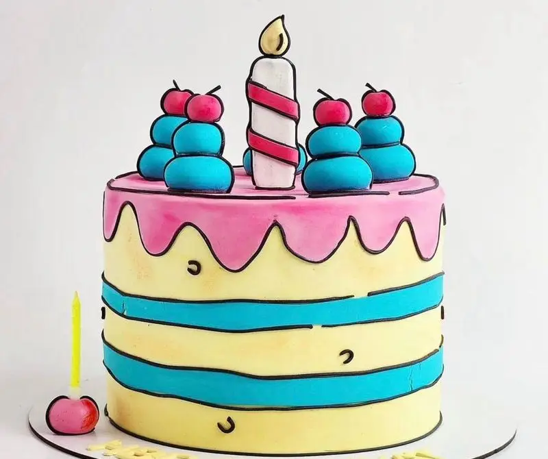 کیک تولد فانتزی و کارتونی میس کیک با طرحی خلاقانه. سفارش آنلاین کیک با دیزاین خاص و رنگارنگ صورتی، آبی و زرد.