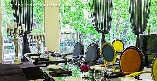 فضای داخلی شیک و دلباز کافی شاپ پارادیزو با دکوراسیون منحصربه‌فرد، میزهای آماده و صندلی‌های رنگی و چشم‌انداز سبز.