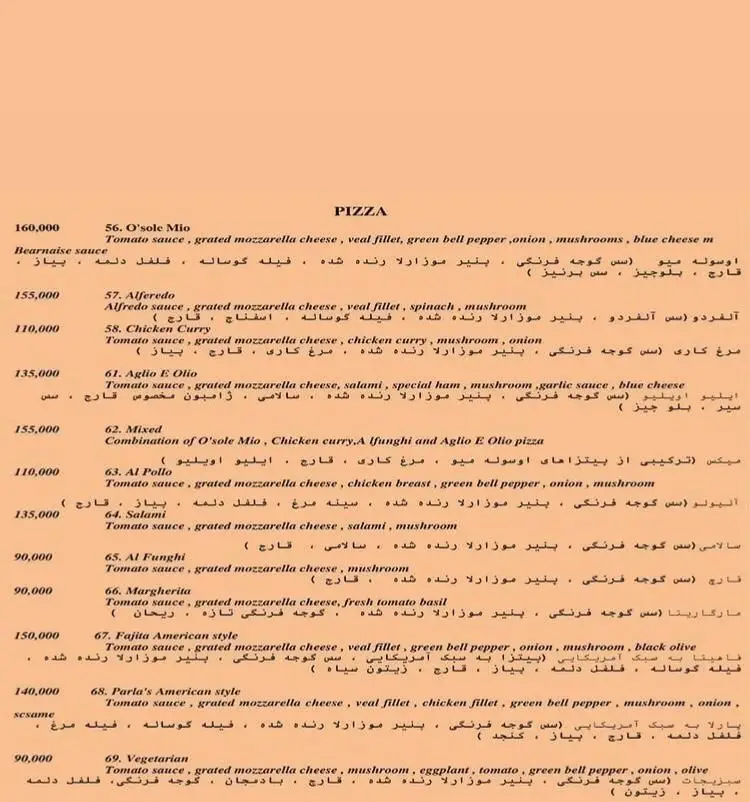 منوی پیتزاهای لذیذ رستوران ایتالیایی پارلا، شامل انواع پیتزا مانند مارگاریتا، وجترین و فاهیتا با قیمت و ترکیبات کامل.