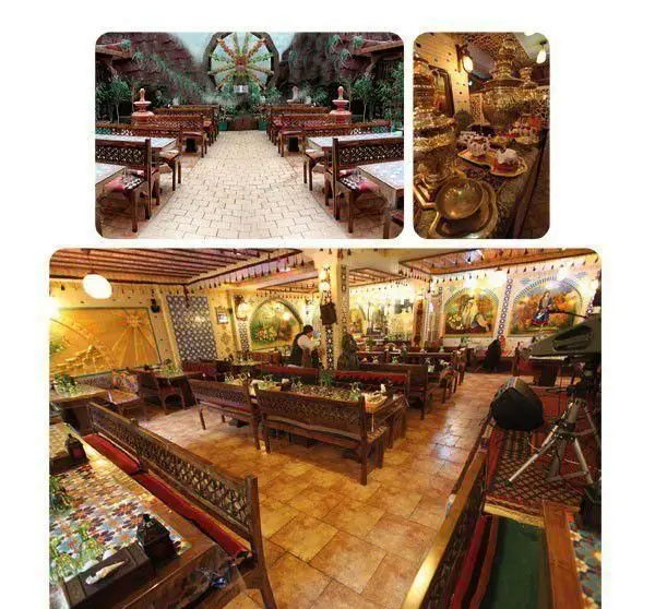فضای سنتی و زیبای سفره خانه شبهای فردوس با دکوراسیون چوبی، نقاشی‌های دیواری، و سرویس چای و غذا. شامل فضای داخلی و بیرونی با طراحی اصیل ایرانی.