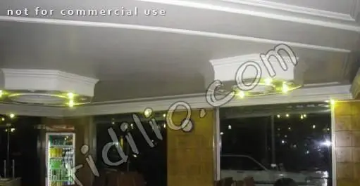 فضای داخلی رستوران فرنگی قاراشی همایون با سقف کاذب و نورپردازی جذاب، محیطی دلنشین برای مشتریان. یخچال نوشیدنی در پس زمینه و نمای شب.