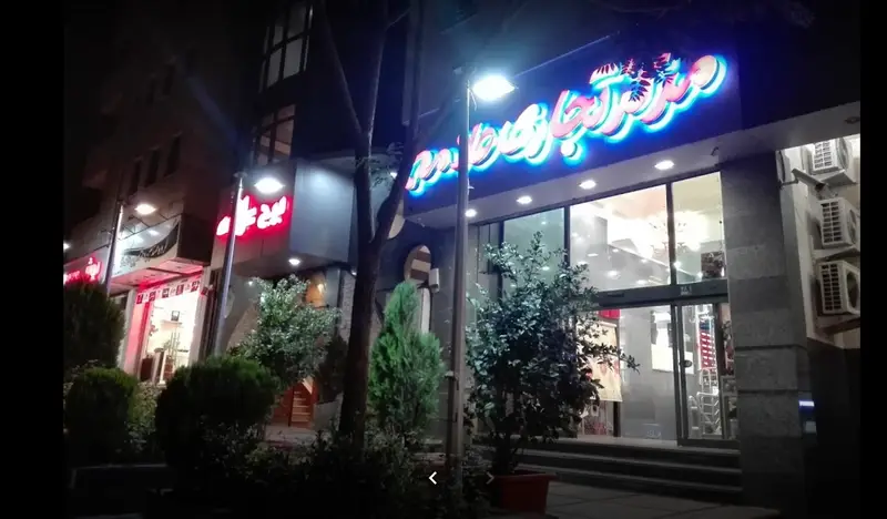 عکس شب از مجتمع تجاری علامه، ساختمانی مدرن با تابلوهای نورانی روشن و ورودی شیک شیشه‌ای، مکانی ایده‌آل برای خرید و گشت و گذار.