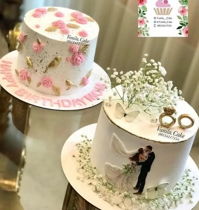 دو کیک فانتزی از قنادی سهند: کیک تولد مادر با گل رز صورتی و کیک عروسی/نامزدی با عروس و داماد، حلقه و گل‌های سفید زیبا.