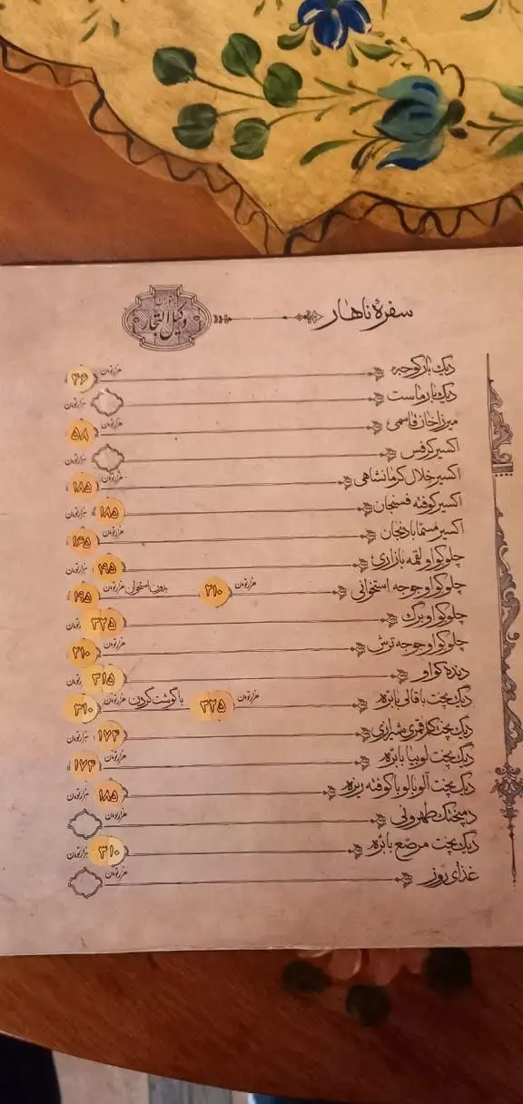 منوی سفره ناهار کافه رستوران وکیل التجار: شامل لیست غذاهای سنتی ایرانی مانند دیزی، میرزاقاسمی، چلوکباب با قیمت‌ها به هزار تومان.