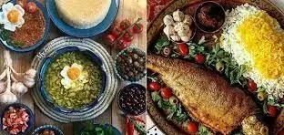 گیلان خوراک تالش: عکس غذاهای محلی گیلان. ماهی سرخ شده، خورش سبزی با تخم مرغ، کته، برنج زعفرانی، زیتون پرورده و سیر ترشی. تجربه طعم شمال.