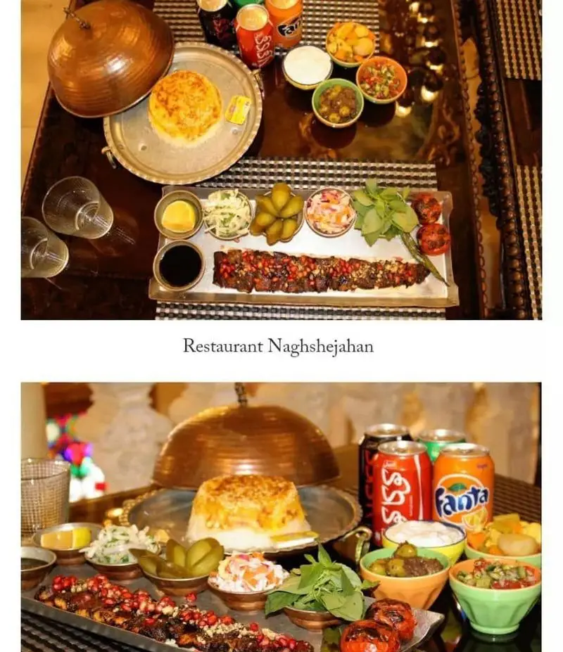 سفره‌ای شاهانه از غذاهای اصیل ایرانی شامل کباب، ته دیگ و مخلفات در کاخ رستوران نقش جهان اصفهان، تجربه‌ای بی‌نظیر