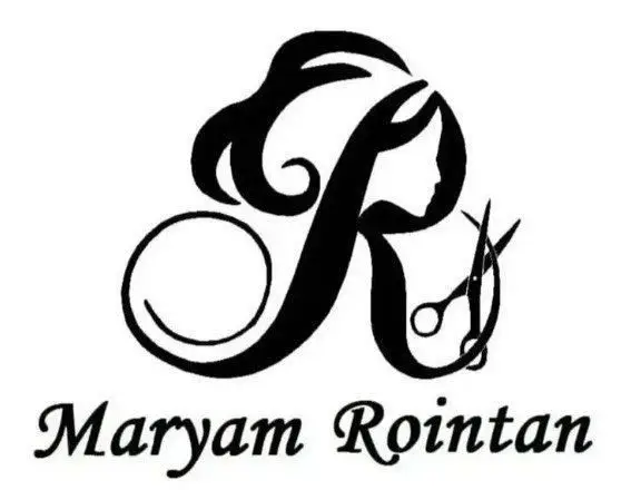 لوگوی آموزشگاه و آرایشگاه تخصصی مریم رویین تن. طرح R فانتزی با نیمرخ زن و قیچی آرایشگری، نام "مریم رویین تن".