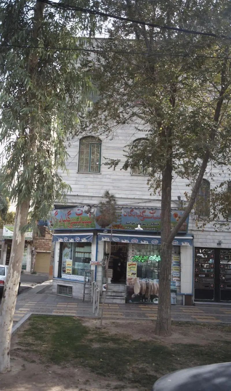 فروشگاه لبنیات سنتی گلپایگان با تابلو آبی در یک خیابان شهری، ارائه دهنده محصولات لبنی محلی و سنتی، نمای خارجی با درختان.