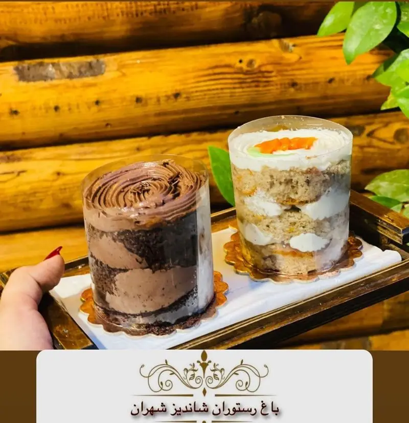 دو دسر جذاب و خوش طعم باغ رستوران شاندیز تهران شامل کیک شکلاتی و کیک هویج لیوانی. لذت دسرهای خاص در رستوران شاندیز تهران.