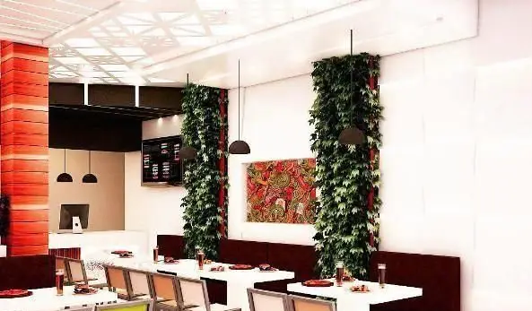 تصویری از فضای داخلی مدرن و دلنشین فست فود دریم با دیوارهای سبز، میزهای سفید و صندلی‌های راحت، مناسب برای تجربه غذایی لذت‌بخش.