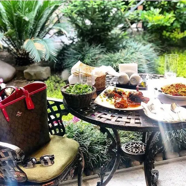 تجربه دلنشین ناهار/شام در فضای سبز کافه رستوران گیاهی مادو؛ میز پر از غذاهای لذیذ گیاهی در محیط باغی آرام.