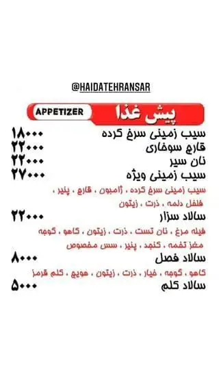 منو پیش غذای فست فود هایدا تهرانسر شامل سیب زمینی، قارچ، نان سیر، سیب زمینی ویژه، سالاد سزار، سالاد فصل و کلم با قیمت.