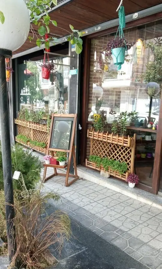 نمای جذاب و دلنشین بیرونی کافه رستوران جوان، با دکوراسیون چوبی، گیاهان سبز فراوان و گلدان‌های آویز رنگارنگ.