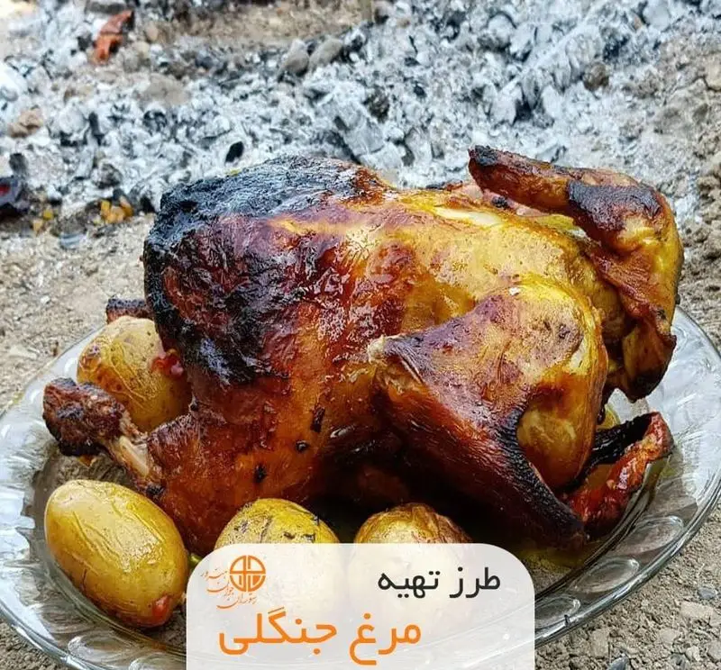 مرغ جنگلی بریان شده در فضای باز، با رنگ طلایی و سیب‌زمینی‌های نرم، یک غذای سنتی و دلپذیر از رستوران جوان هنرور ۲.