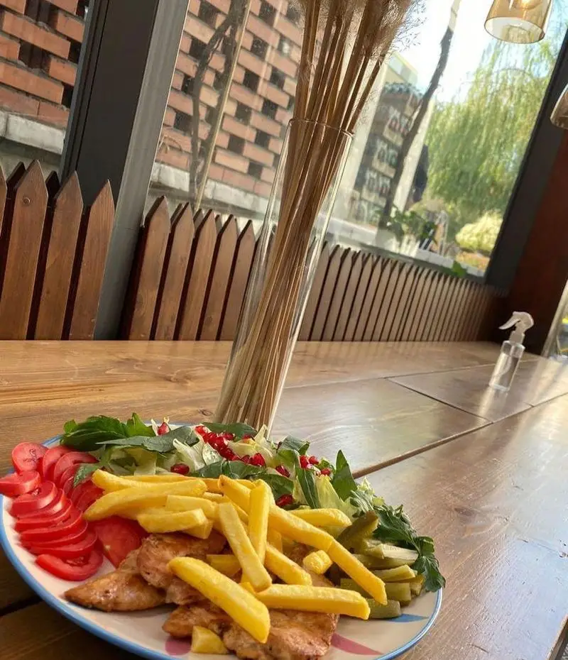 بشقاب غذای کافه مونو با مرغ گریل، سیب زمینی سرخ کرده طلایی، سالاد تازه با دانه انار و خیارشور، روی میز چوبی با منظره بیرون.