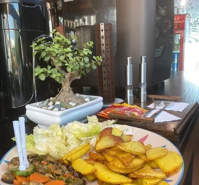 نمای نزدیک از یک بشقاب غذای لذیذ با سیب زمینی سرخ کرده، سبزیجات پخته و کاهو در کافه مونو، همراه با گلدان بونسای و دکوراسیون شیک.