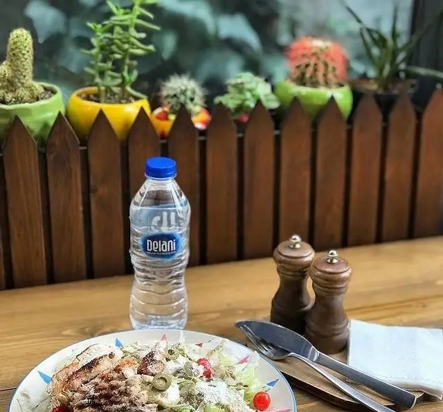 سالاد مرغ گریل شده و آب معدنی دلانی روی میز چوبی کافه مونو، فضایی دلنشین با گلدان‌های رنگارنگ و حصار چوبی