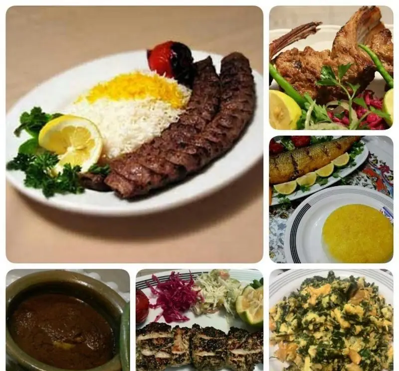 انواع کباب ایرانی (کوبیده، جوجه، شیشلیک)، ماهی کبابی، قورمه سبزی و کوکو سبزی. غذای اصیل ایرانی در رستوران گل یخ.