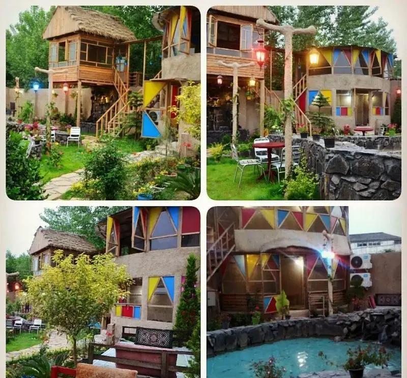 رستوران گل یخ: فضایی دلنشین و خاص با ترکیبی از معماری سنتی و مدرن، باغچه‌ای سرسبز، نشیمن‌های روباز، پنجره‌های رنگی و حوضی آرامش‌بخش.