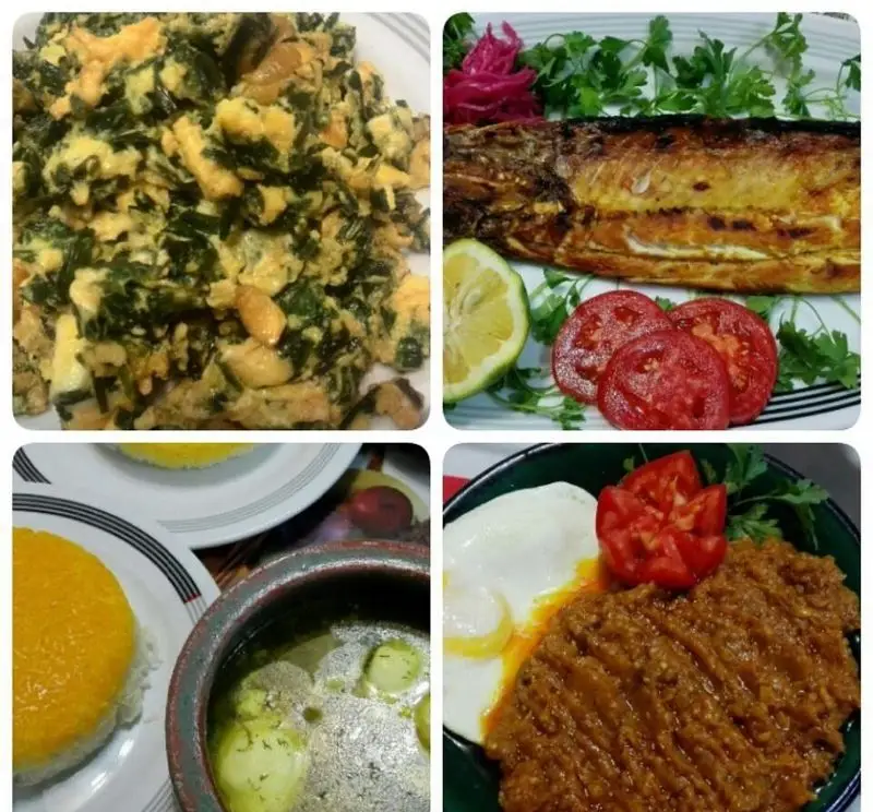 رستوران گل یخ: مجموعه ای از غذاهای اصیل ایرانی شامل کباب ماهی، کوکو سبزی، کشک بادمجان، میرزا قاسمی و خورش‌های سنتی با پلو.