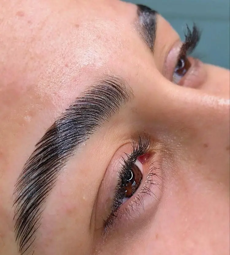 تصویر نمای نزدیک از ابروهای لیفت و لمینت شده مرتب به همراه مژه‌های بلند و مشکی در خدمات تخصصی سالن زیبایی پانیذ خانی