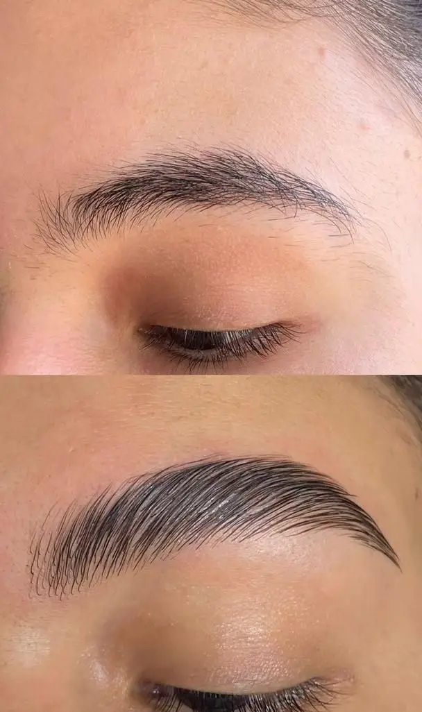 تصویر قبل و بعد از لیفت و لمینت ابرو و مرتب‌سازی ابروهای زنانه در سالن زیبایی پانیذ خانی با حالت‌دهی و لیفت منظم تارها.