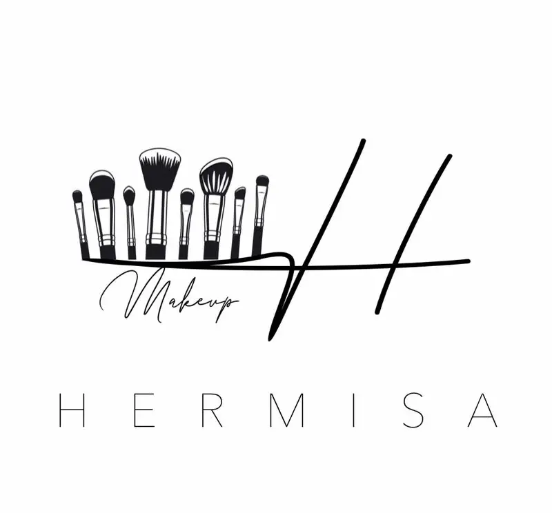 لوگوی زیبای سالن زیبایی و آرایشگاه زنانه هرمیسا (HERMISA) شامل مجموعه برس های آرایشی و کلمه Makeup، نماد تخصص در میکاپ و خدمات زیبایی بانوان.