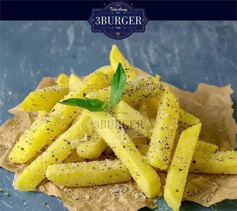 سیب زمینی سرخ کرده خوشمزه و طعم‌دار با ادویه، مخصوص فست فود برگر سه برگر (3BURGER) برای سفارش آنلاین غذا و تجربه‌ای لذت‌بخش.