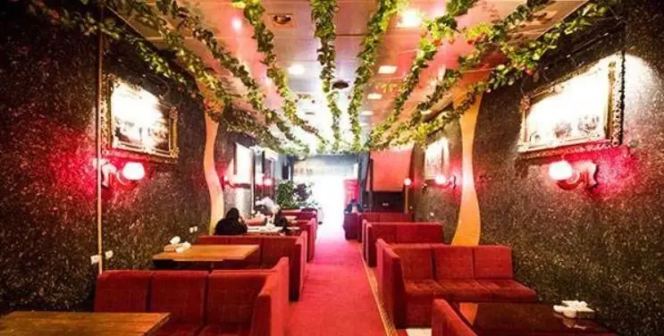 فضای داخلی سفره خانه سنتی فانوس با دکوراسیون سنتی و دنج. شامل مبلمان راحتی قرمز، فرش قرمز، دیوارهای تیره و سقف تزئین شده با گیاهان آویزان سبز.