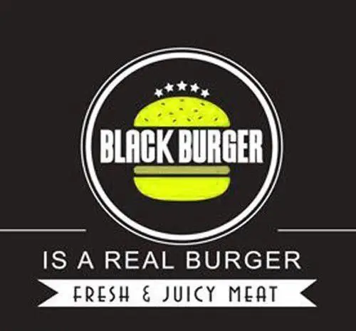 لوگوی کسب و کار بلک برگر: یک برگر زرد و سیاه با ستاره. بلک برگر یک برگر واقعی با گوشت تازه و آبدار است.