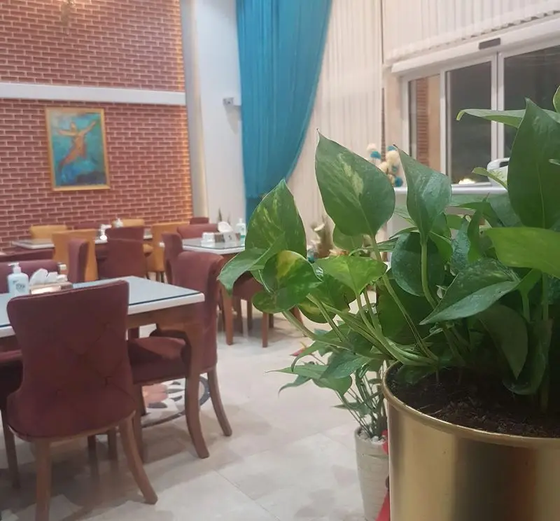 فضای داخلی دنج و شیک رستوران درباری ۱۱۰ با میز و صندلی‌های راحت، دیوار آجری و دکوراسیون سبز گیاهان.
