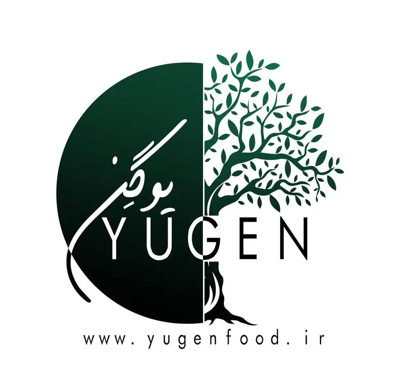 لوگوی شرکت غذای رژیمی و گیاهی یوگن با طراحی مدرن شامل دایره سبز و درخت، نمادی از سلامت و طبیعت، همراه با آدرس وبسایت www.yugenfood.ir