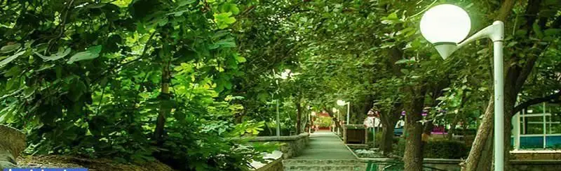 فضای سرسبز و آرامش‌بخش رستوران ایرانی نگارستان با مسیر دلنشین، درختان انبوه و چراغ‌های روشنایی مدرن، مکانی ایده‌آل برای صرف غذا.