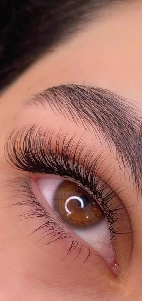 نمای نزدیک از چشم با مژههای اکستنشن شده والیوم مشکی و ابروی مرتب شده پس از خدمات زیبایی در سالن زیبایی ساناز صفری