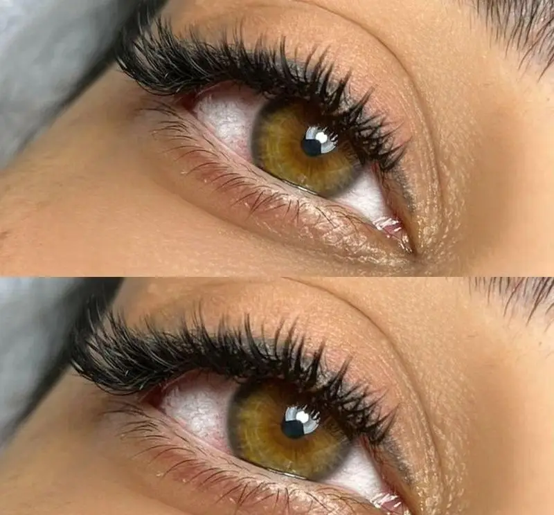 نمونه کار حرفهای اکستنشن مژه والیوم و اسپایکی با تراکم بالا و فر زیبا برای مشتری در سالن تخصصی کاشت و لیفت مژه